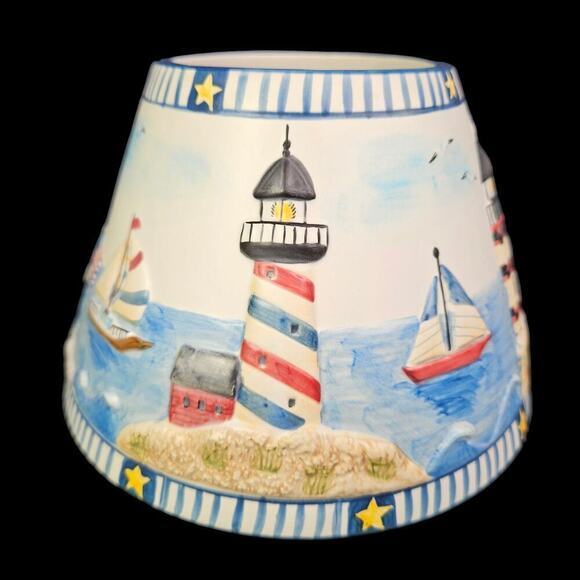 Yankee Candle Large Shade Spring Summer Lighthouse Beach Nautical Boats Embossed - Picture 1 of 9